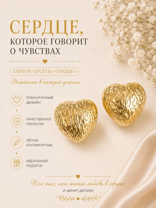 Серьги в форме сердца с рельефным узором, золотистые