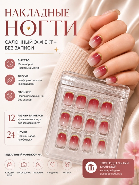 Qo‘shimcha tirnoqlar, 24 dona — salon manikyuri, yozilishsiz - 