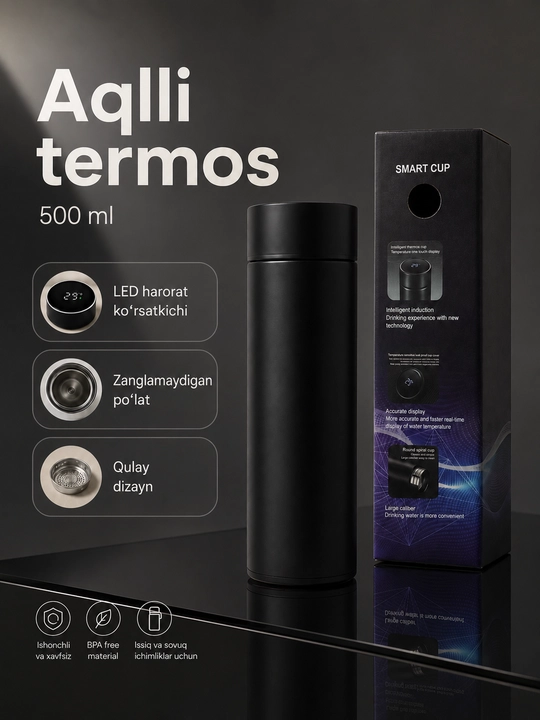 Termos 500 ml, sensorli LED ekran, harorat indikatori va choy filtri bilan