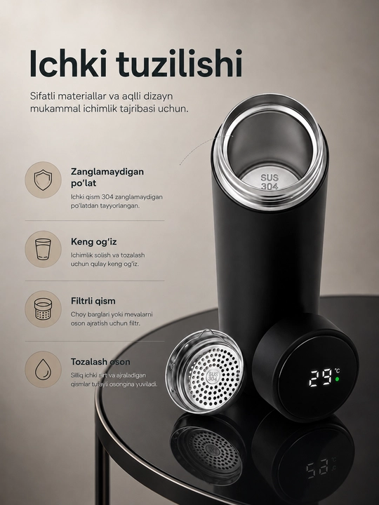 Termos 500 ml, sensorli LED ekran, harorat indikatori va choy filtri bilan