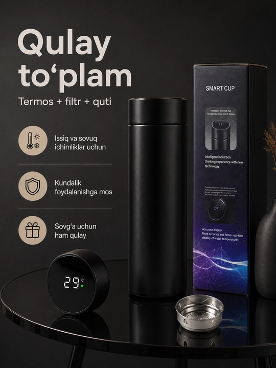 Termos 500 ml, sensorli LED ekran, harorat indikatori va choy filtri bilan