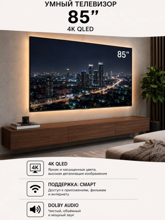 Телевизор Smart TV 85", 4K QLED, webOS, Dolby Audio, Wi-Fi, Bluetooth - 