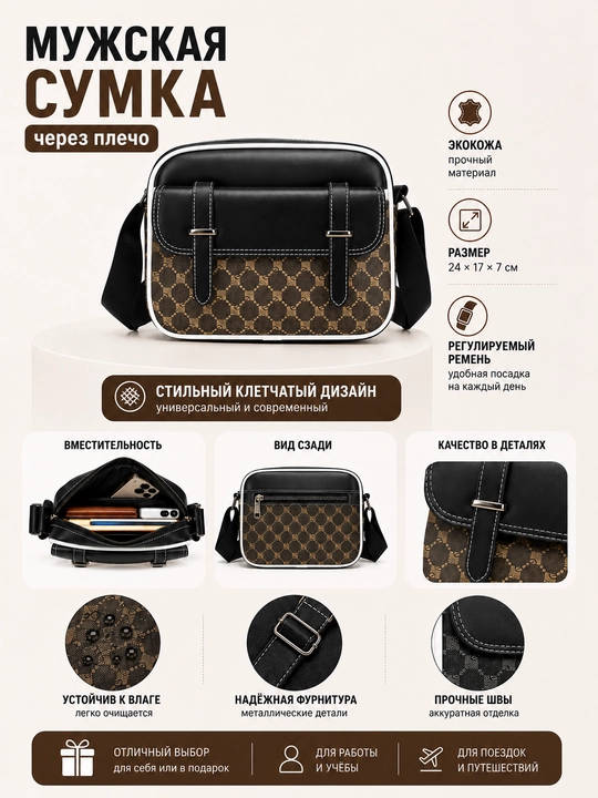 Мужская сумка кросс-боди из экокожи, стильная модная сумка через плечо на каждый день - 