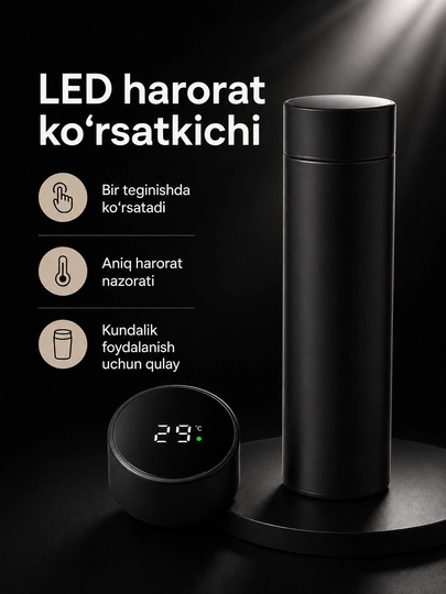 Термос 500 мл с LED-экраном температуры, фильтром для чая и стальной колбой
