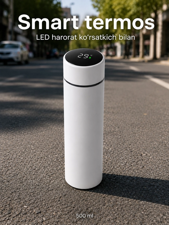 LED qopqoqli, metall filtrli va po‘lat kolbali 500 ml li aqlli termos - 