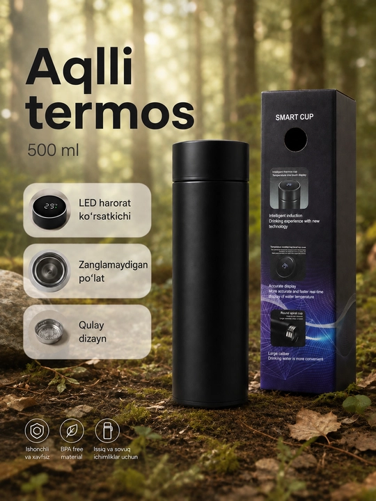 Smart termos 500 ml, LED harorat ekrani, choy filtri, zanglamas po‘lat korpus
