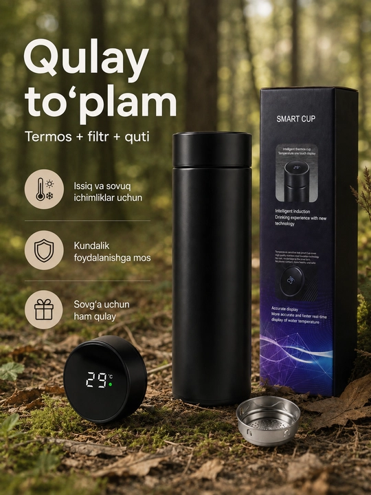 Smart termos 500 ml, LED harorat ekrani, choy filtri, zanglamas po‘lat korpus