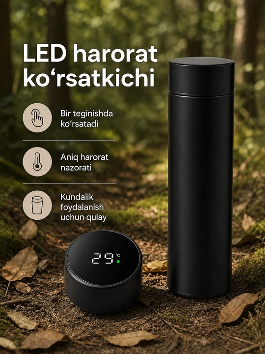 Smart termos 500 ml, LED harorat ekrani, choy filtri, zanglamas po‘lat korpus
