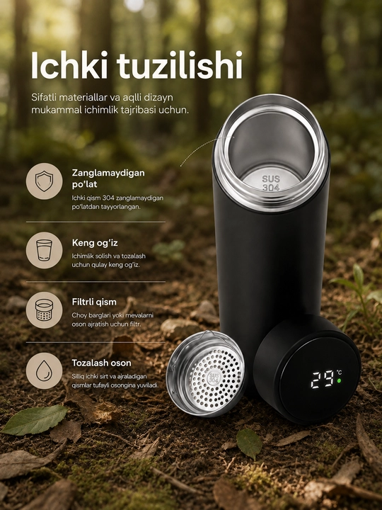 Smart termos 500 ml, LED harorat ekrani, choy filtri, zanglamas po‘lat korpus