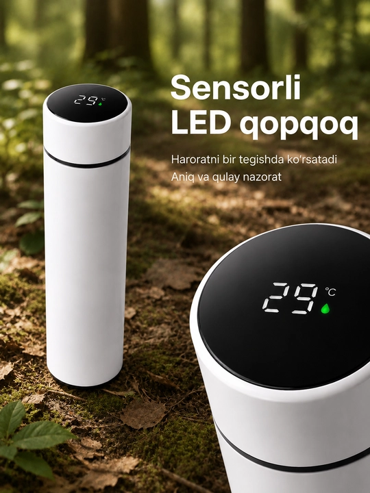 Smart termos 500 ml, LED harorat ekrani, choy filtri, zanglamas po‘lat korpus