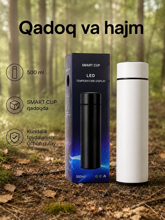 Smart termos 500 ml, LED harorat ekrani, choy filtri, zanglamas po‘lat korpus