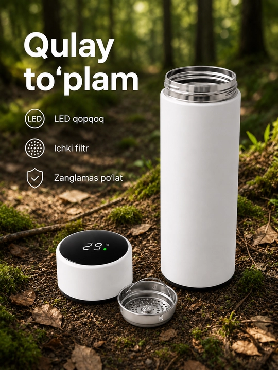 Smart termos 500 ml, LED harorat ekrani, choy filtri, zanglamas po‘lat korpus