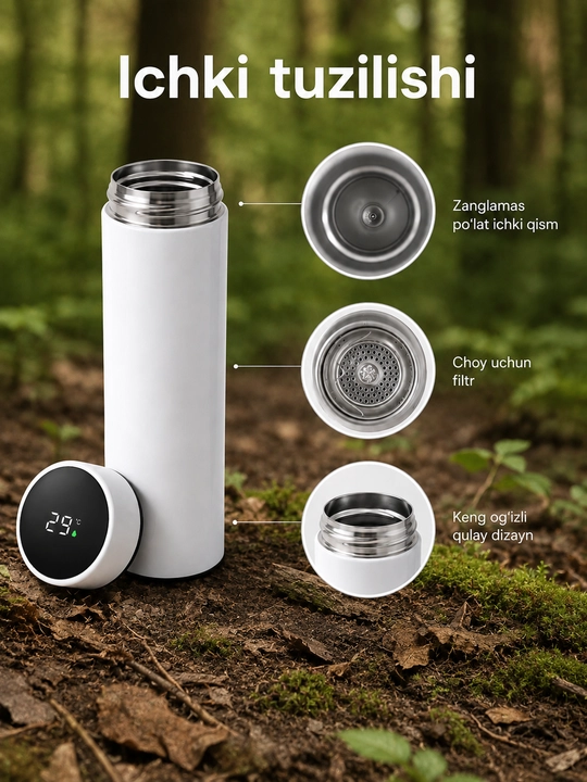 Smart termos 500 ml, LED harorat ekrani, choy filtri, zanglamas po‘lat korpus