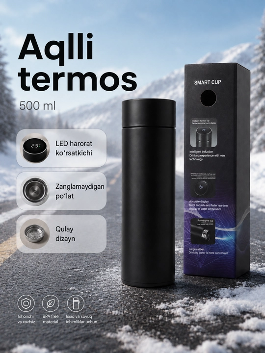 500 ml smart termos, LED harorat qopqog‘i, metall filtr va po‘lat ichki qism