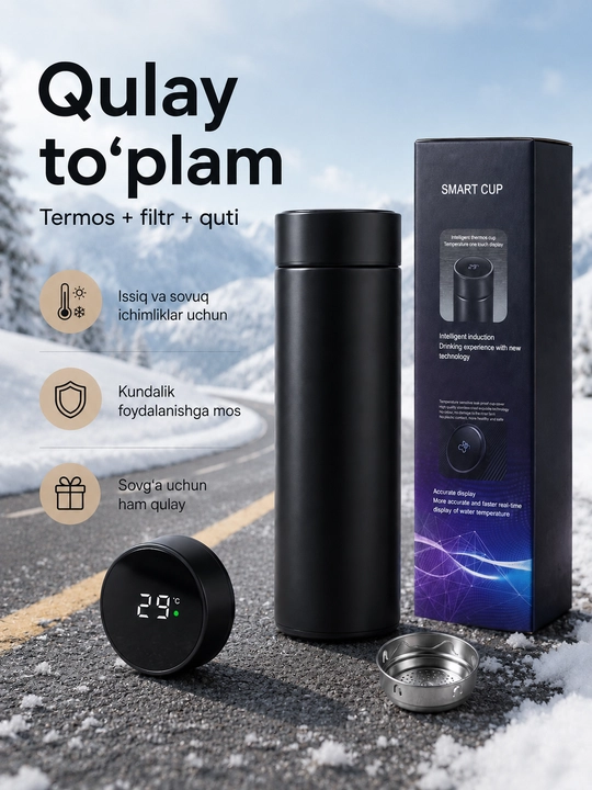 500 ml smart termos, LED harorat qopqog‘i, metall filtr va po‘lat ichki qism