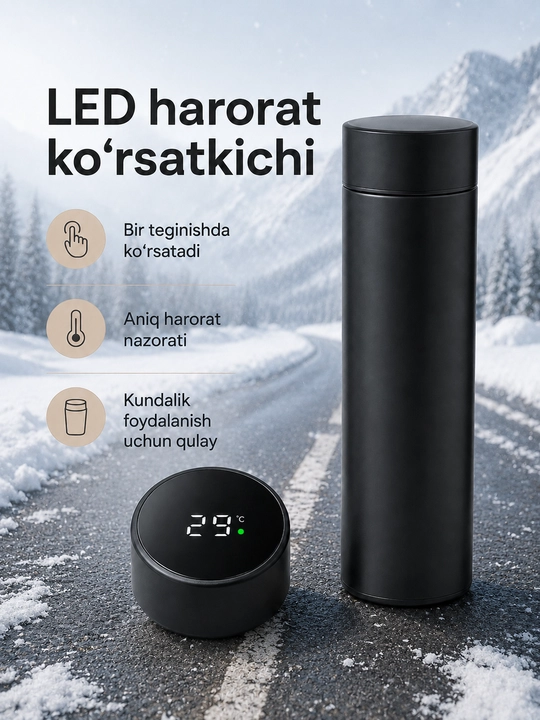 500 ml smart termos, LED harorat qopqog‘i, metall filtr va po‘lat ichki qism