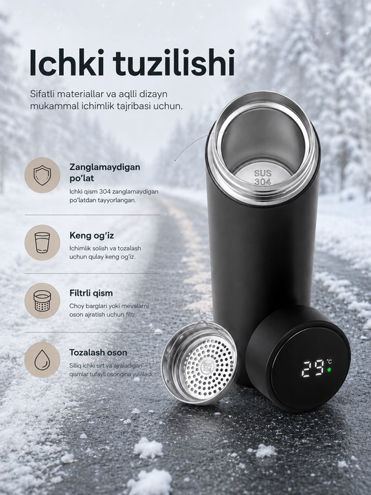 500 ml smart termos, LED harorat qopqog‘i, metall filtr va po‘lat ichki qism