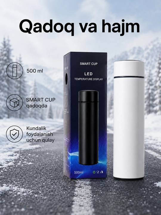 500 ml smart termos, LED harorat qopqog‘i, metall filtr va po‘lat ichki qism