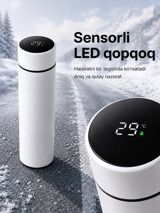 500 ml smart termos, LED harorat qopqog‘i, metall filtr va po‘lat ichki qism