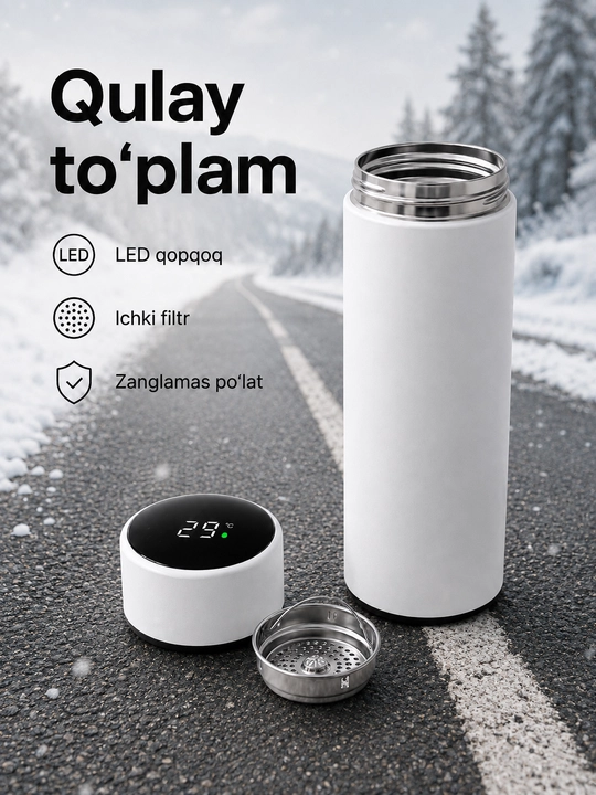 500 ml smart termos, LED harorat qopqog‘i, metall filtr va po‘lat ichki qism