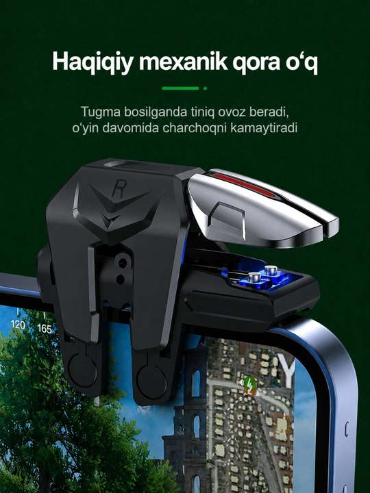 Trigger. 6 barmoqli mexanik gaming trigger — telefon o‘yini boshqaruvi tugmalari