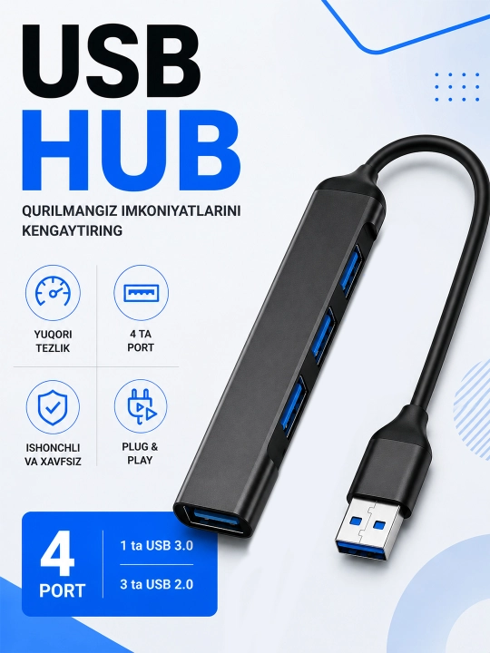 USB Hub 4 в 1, USB-A / Type-C, 1×USB 3.0 + 3×USB 2.0 - 