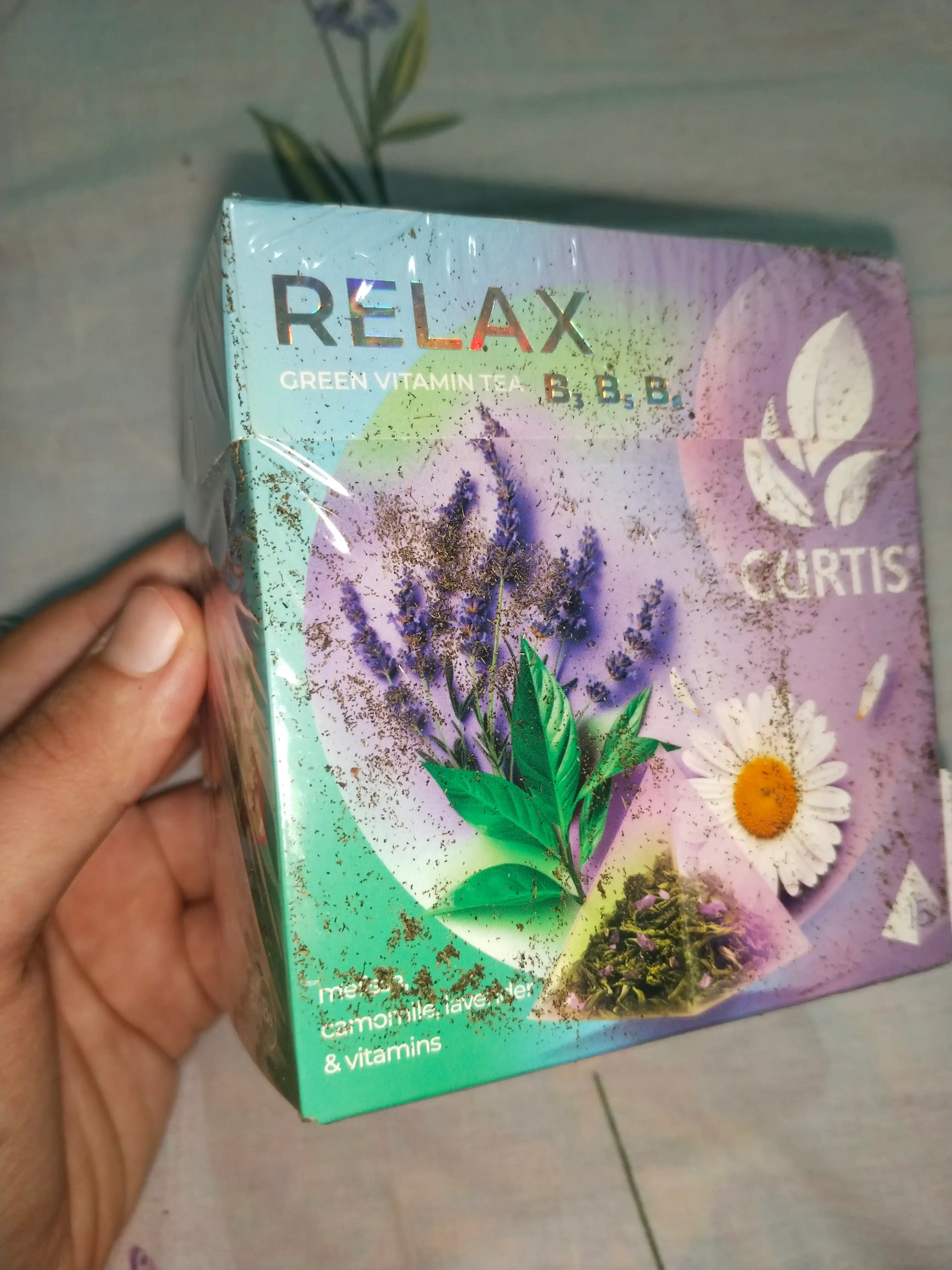 Ko'k choy Curtis "Relax" moychechak, lavanda, limon o'ti va B3, B5, B6 vitaminlari bilan, 15 ta piramidacha