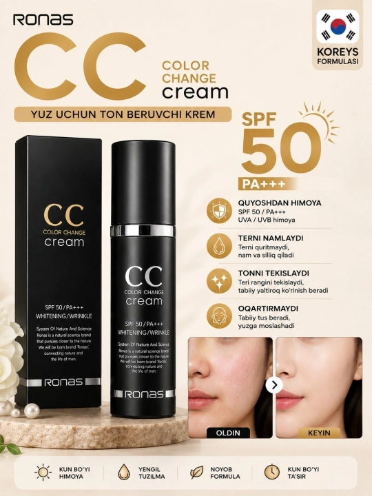 Ronas CC krem va quyoshdan himoya SPF 38 PA +++ 50 ml