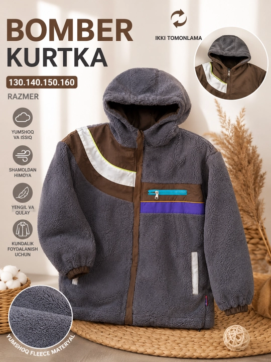 O‘g‘il va qiz bolalar uchun ikki tomonlama bomber kurtka, flis, issiq va qulay ustki kiyim