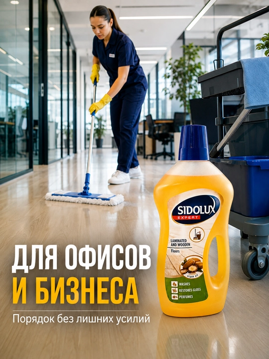 Sidolux Expert pol yuvish vositasi, laminat va yog‘och pol uchun, argan yog‘i, 1 litr