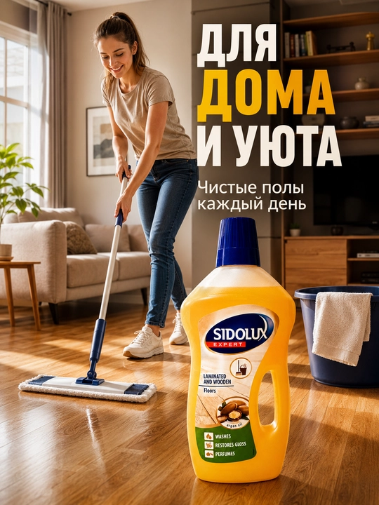 Sidolux Expert pol yuvish vositasi, laminat va yog‘och pol uchun, argan yog‘i, 1 litr