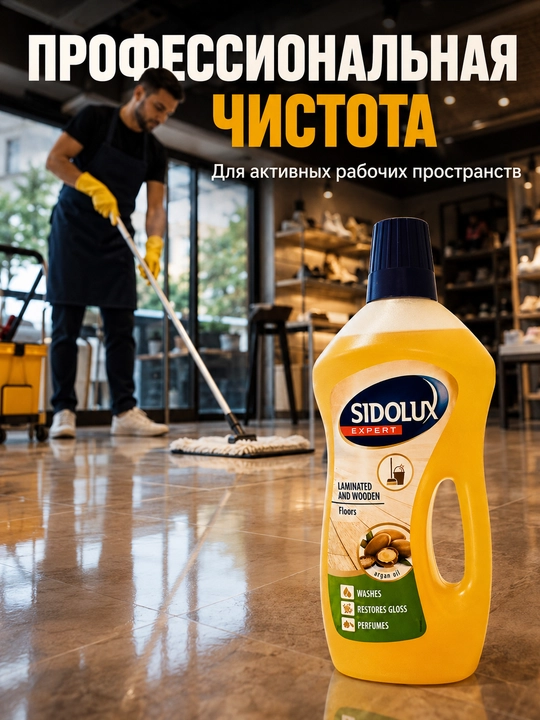 Sidolux Expert pol yuvish vositasi, laminat va yog‘och pol uchun, argan yog‘i, 1 litr
