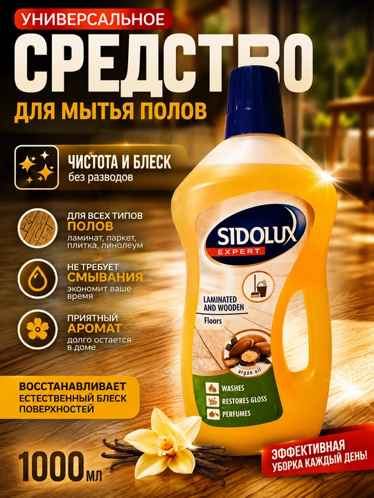 Sidolux Expert pol yuvish vositasi, laminat va yog‘och pol uchun, argan yog‘i, 1 litr - 