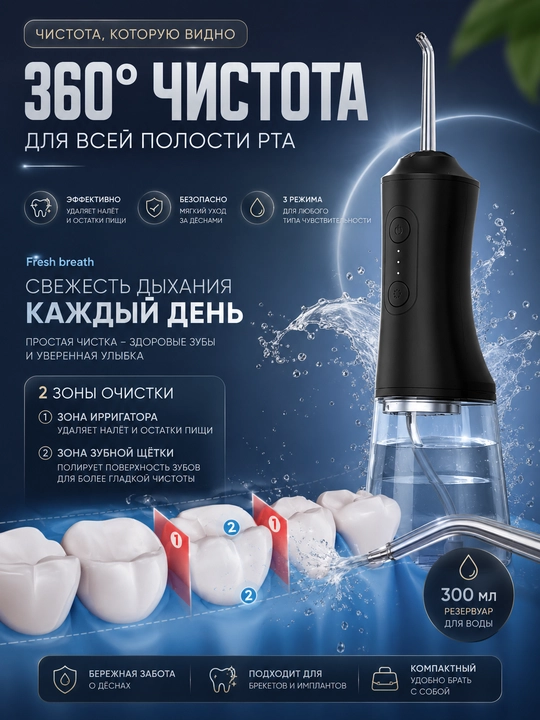 Ирригатор для полости рта портативный беспроводной, аппарат для чистки зубов и брекетов - 