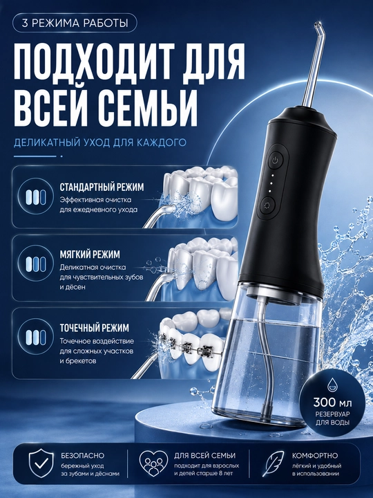 Ирригатор для полости рта портативный беспроводной, аппарат для чистки зубов и брекетов