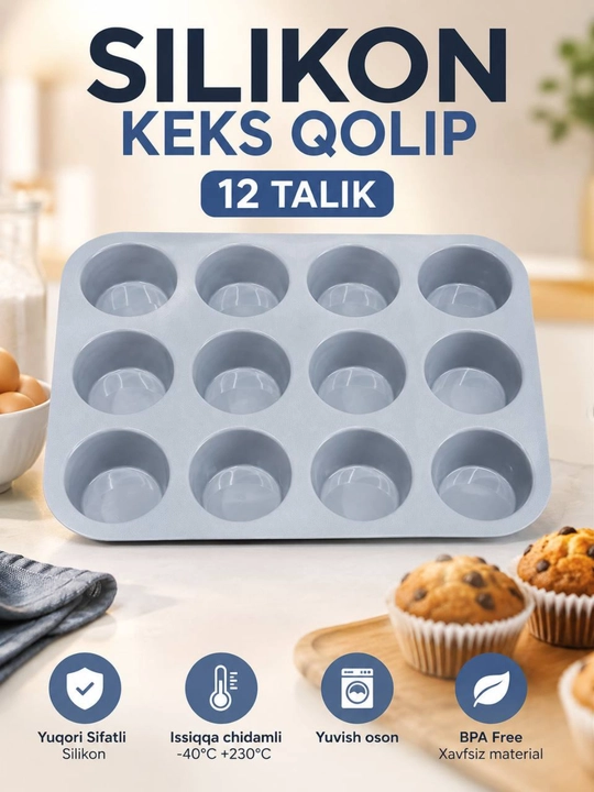 Silikon keks qolipi 12 talik, muffin va pishiriqlar uchun - 