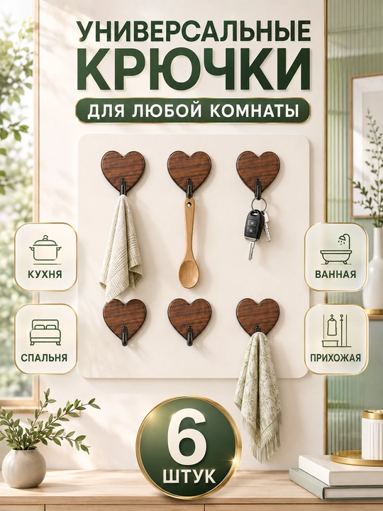 Крючки самоклеящиеся настенные для ванной и кухни, 6 шт - 