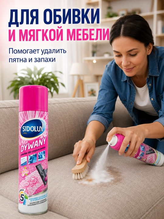 Пена для чистки ковров и обивки Sidolux Dywany 600 мл, активная пена 5 в 1