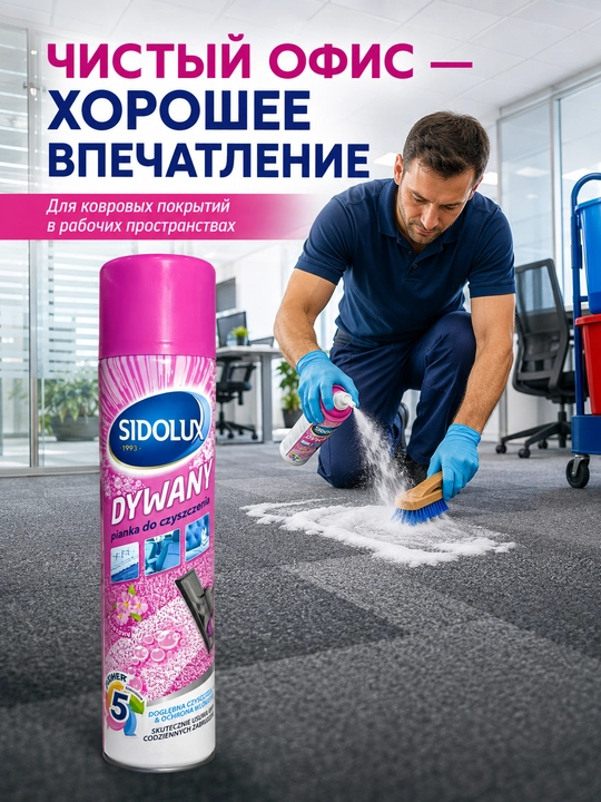 Пена для чистки ковров и обивки Sidolux Dywany 600 мл, активная пена 5 в 1