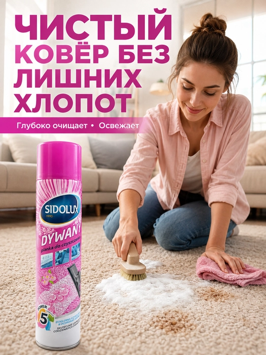 Пена для чистки ковров и обивки Sidolux Dywany 600 мл, активная пена 5 в 1