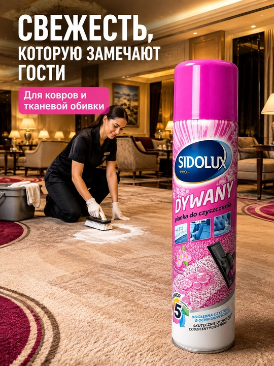 Пена для чистки ковров и обивки Sidolux Dywany 600 мл, активная пена 5 в 1