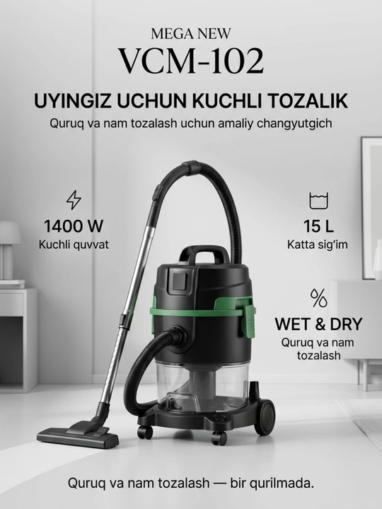 Mega New VCM-102 quruq va nam tozalash uchun mo'ljallangan universal changyutgich - 
