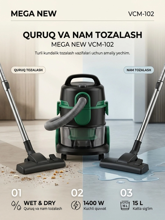 Mega New VCM-102 quruq va nam tozalash uchun mo'ljallangan universal changyutgich