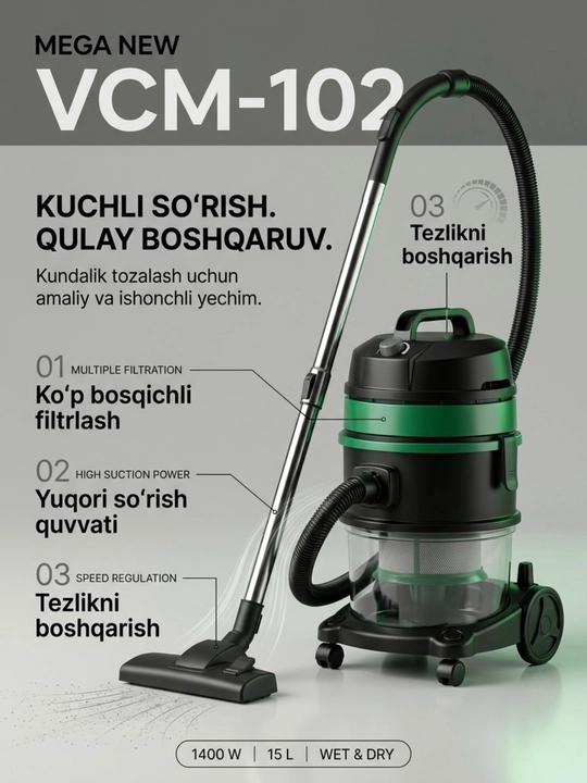 Mega New VCM-102 quruq va nam tozalash uchun mo'ljallangan universal changyutgich