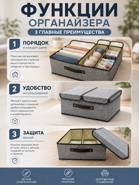 Органайзер для хранения HomeBox складной с крышкой, ручкой и отделениями, серый текстильный