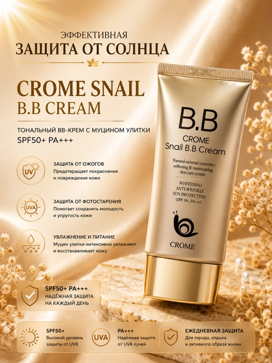 Yuz uchun CROME Snail BB-krem, salyangoz mutsinli tonal krem SPF50+ PA+++ - 