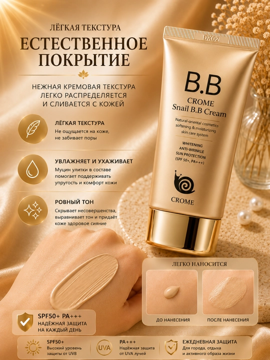 Yuz uchun CROME Snail BB-krem, salyangoz mutsinli tonal krem SPF50+ PA+++