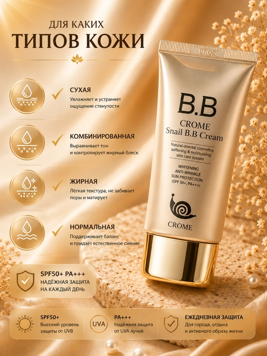 Yuz uchun CROME Snail BB-krem, salyangoz mutsinli tonal krem SPF50+ PA+++