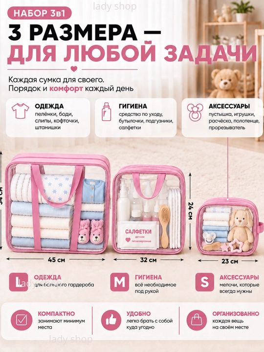 Сумки в роддом, 3 шт, кожаные, прозрачные, 3 размера, для мамы и малыша