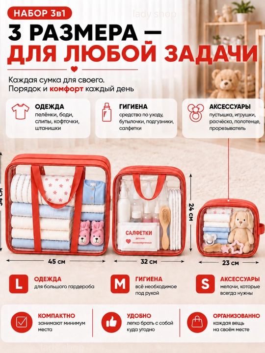 Сумки в роддом, 3 шт, кожаные, прозрачные, 3 размера, для мамы и малыша